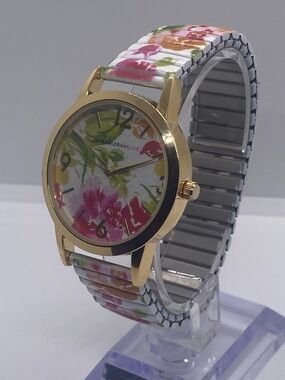 Isaac Mizrahi Gold Case Floral Watch with Pink & Green Accents